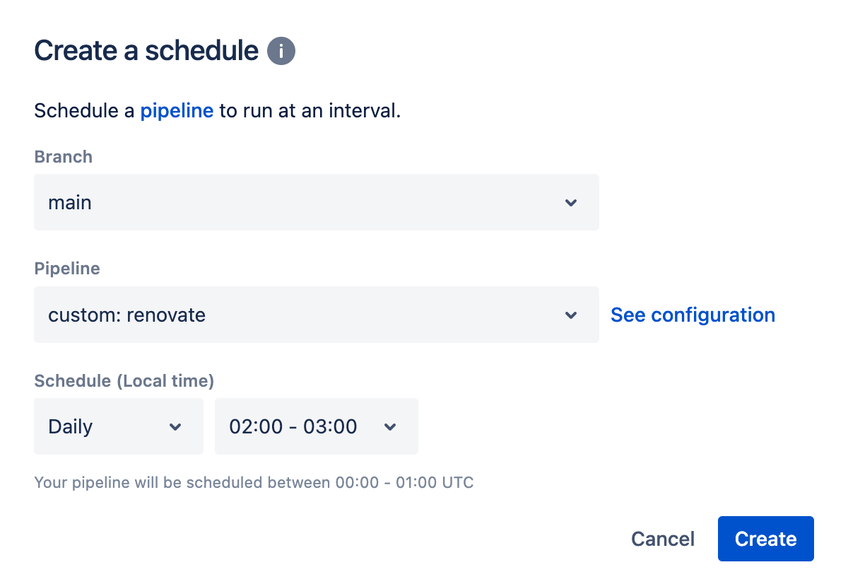 Screenshot of the Dialog to create a schedule for a Bitbucket Pipeline. It offers input fields to select the Branch (“main”), the Pipeline (“custom: renovate”), a Schedule (“Daily”, “02:00 - 03:00”), and buttons to “Cancel” and “Create”.